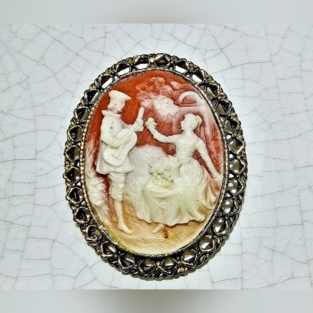 Vintage Cameo coral and white romanticism, Victorian, serenade scene brooch